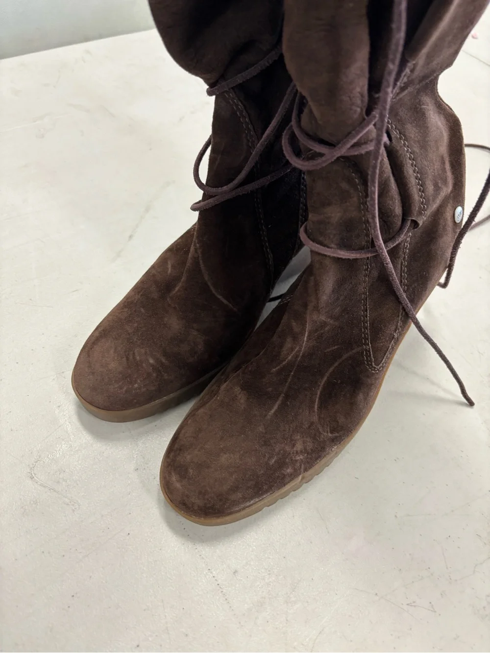 UGG Brown Suede Lace-Up Wedge Boots - Picture 2 of 2
